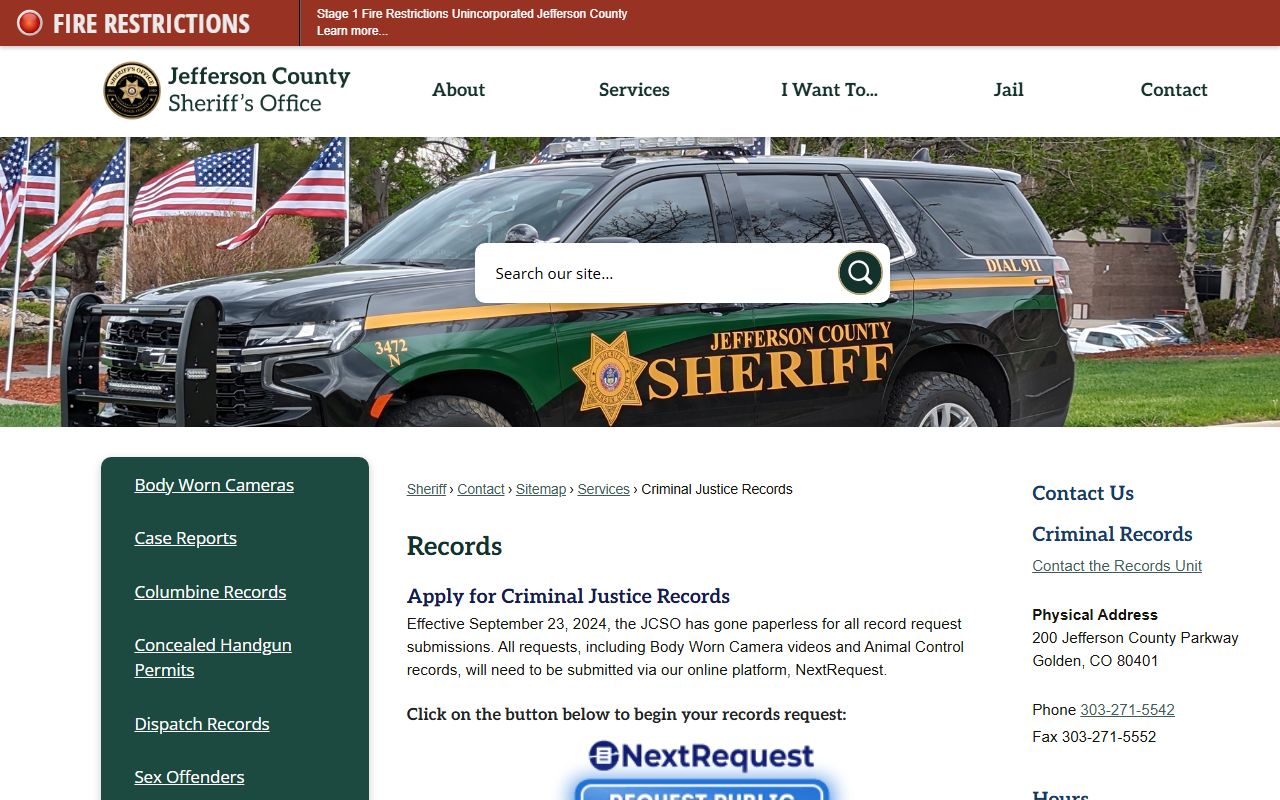 Jefferson County Sheriff Records request page