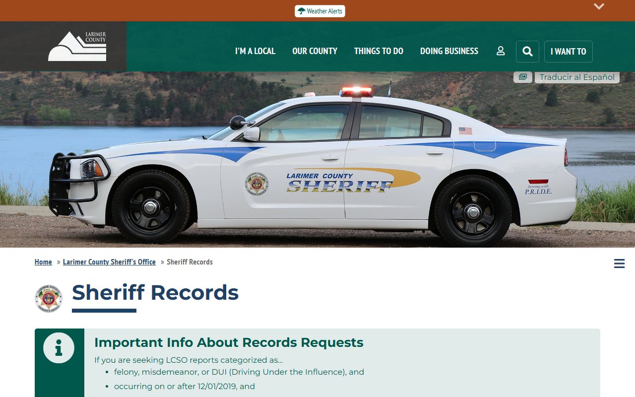 Larimer County Sheriff Records request page