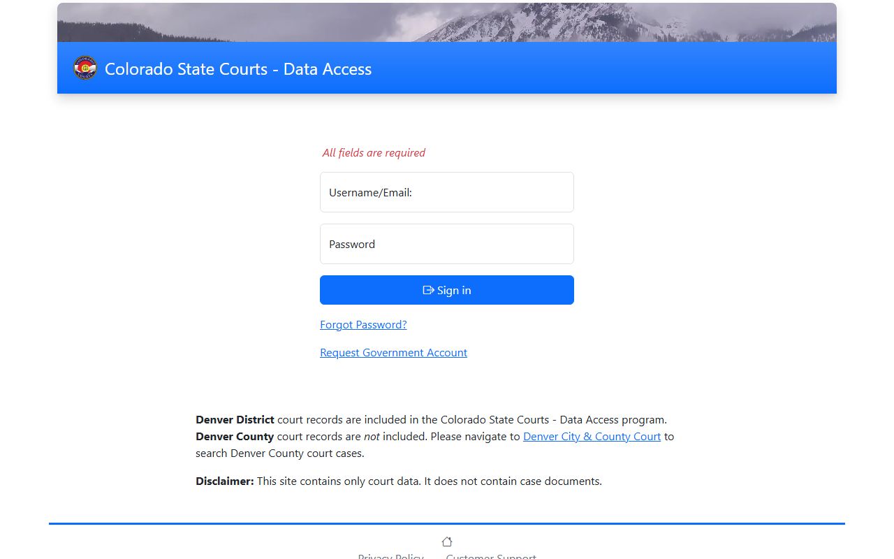 Colorado Courts Data Access portal for public records