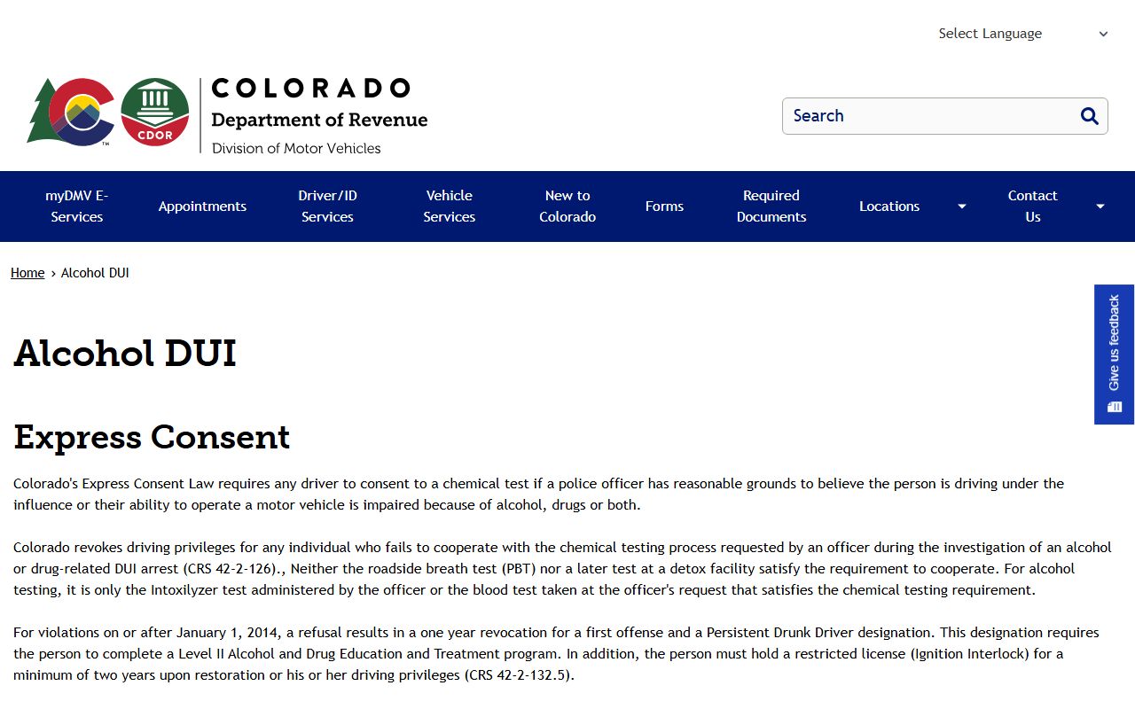 Colorado DMV Alcohol and DUI information page