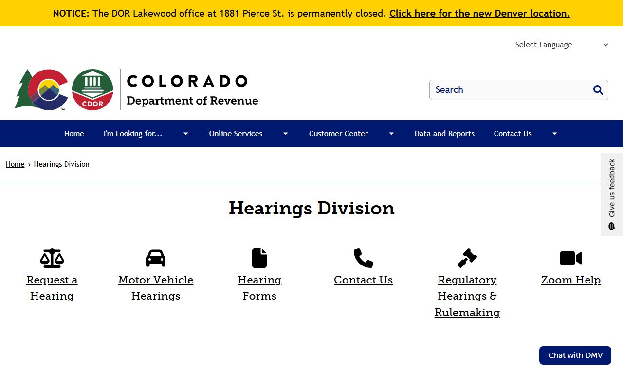 Colorado Department of Revenue Hearings Division homepage