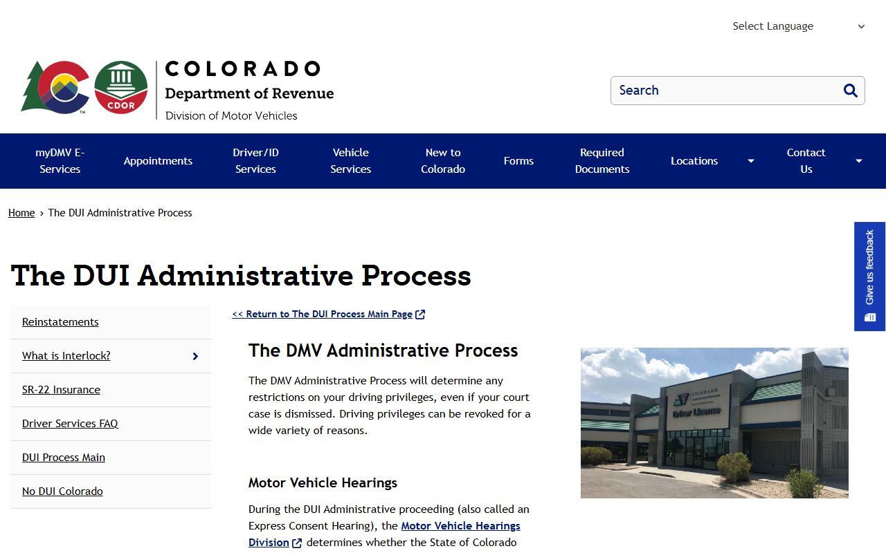 Colorado DMV DUI Administrative Process page