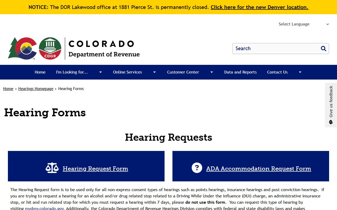 Colorado Hearings Division forms page