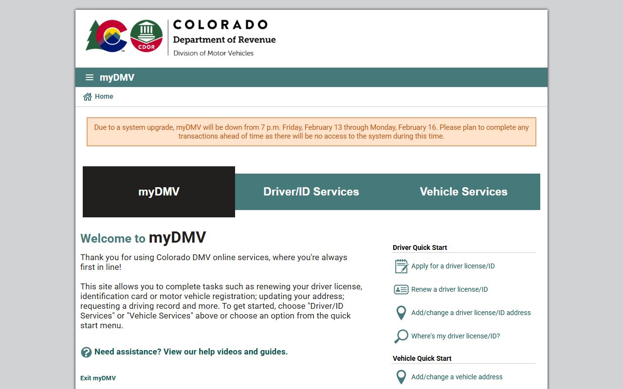 MyDMV Colorado online services portal